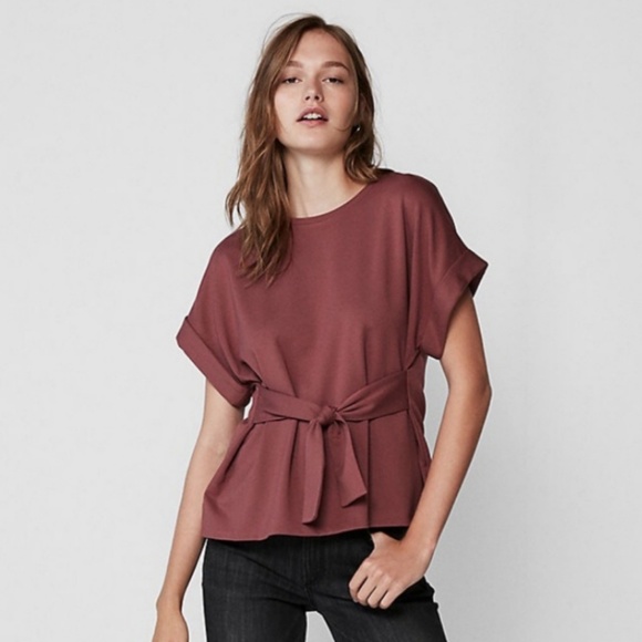 Express Tops - Express Tie Waist Rolled Short Sleeve Blouse